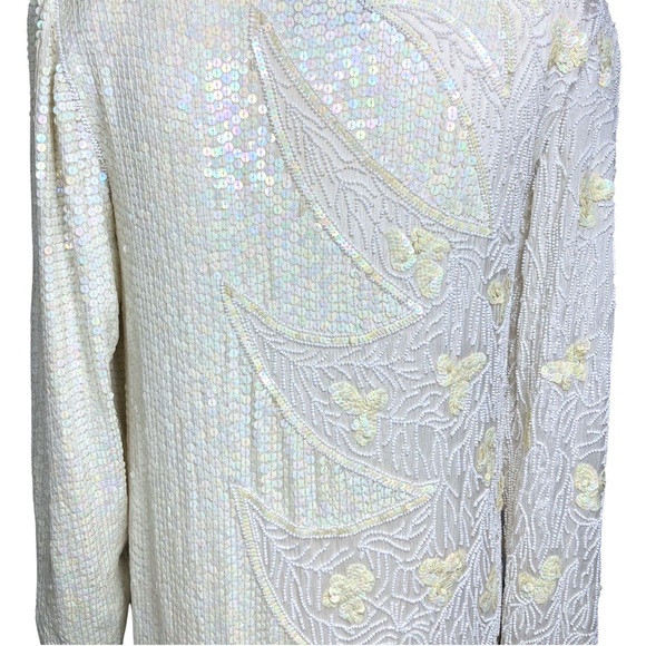 Vintage 100% Silk Ivory 70s 80s Fully Beaded Sequin Long Sleeve Dress - Picture 12 of 15